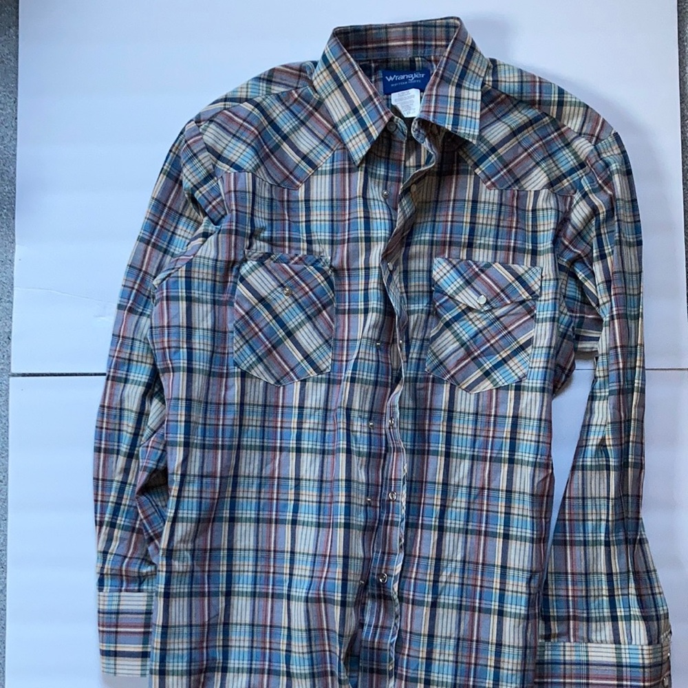 Wrangler men shirt long sleeve pearl snap blue plaid Western Cowboy Size L